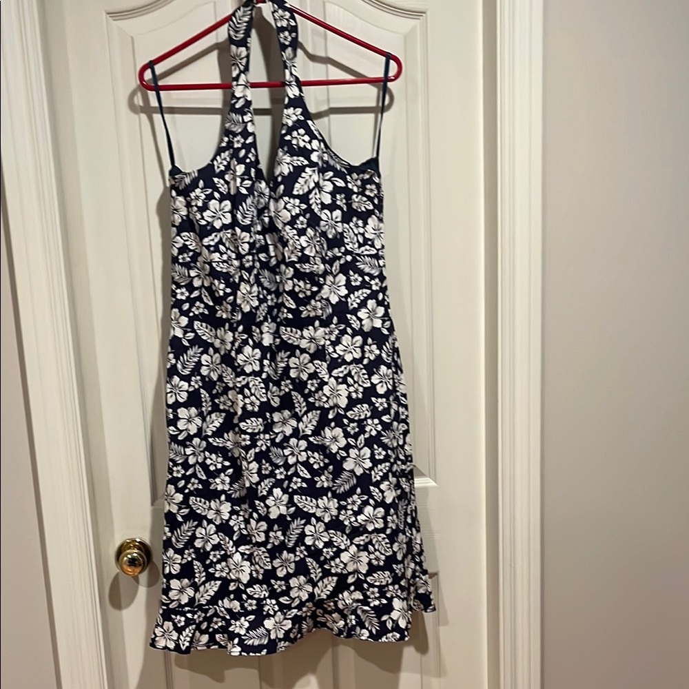 Studio Jax Vintage Floral Halter Neck Dress - Navy and White, size 14